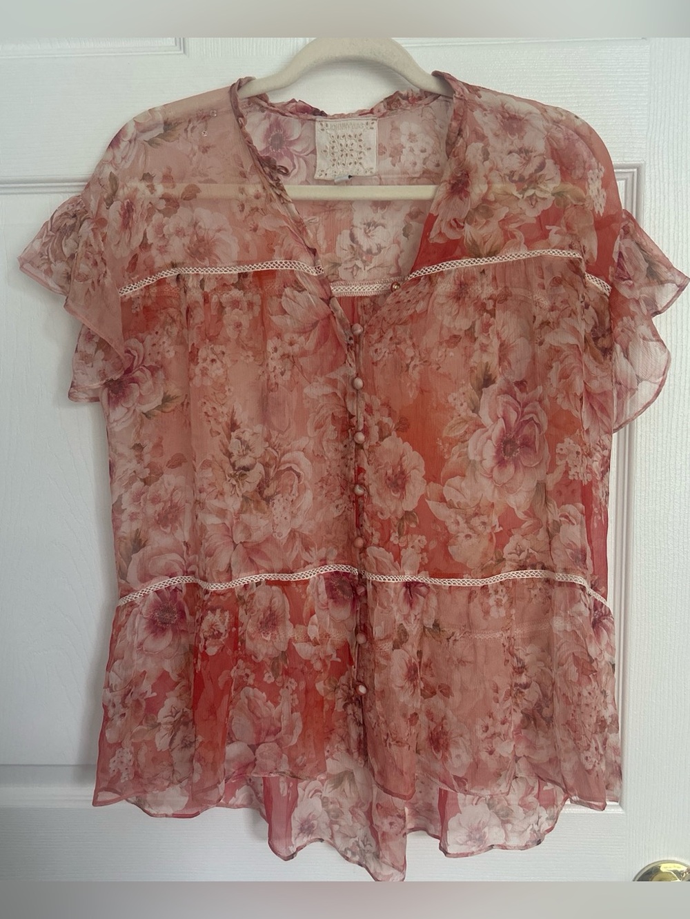 JOHNNY WAS 100% Silk Floral Sheer Button-Front Blouse - Pink